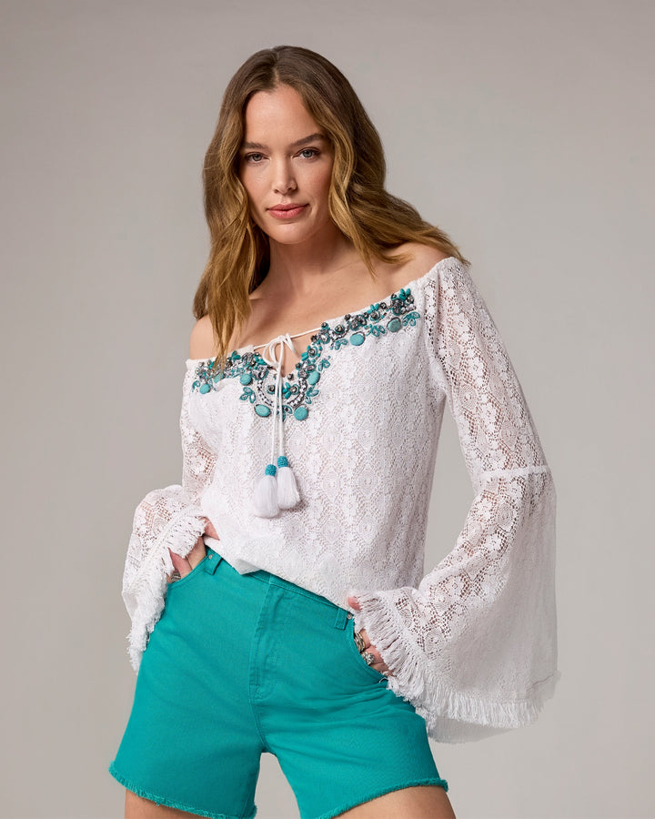 Embellished Off The Shoulder Fringe Trim Tunic White/Turquoise