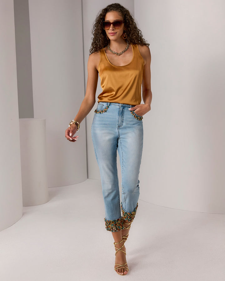 Stone Beaded Cuff Cropped Straight Jean Light Wash