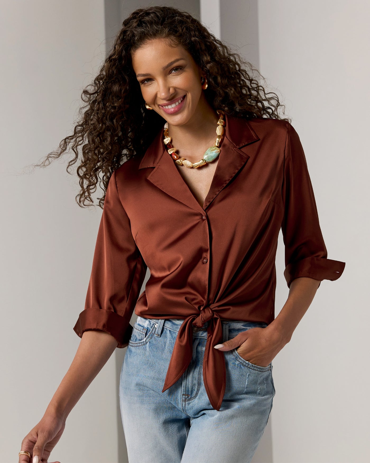 Charmeuse Notched Collar Tie Front Shirt Madder Brown
