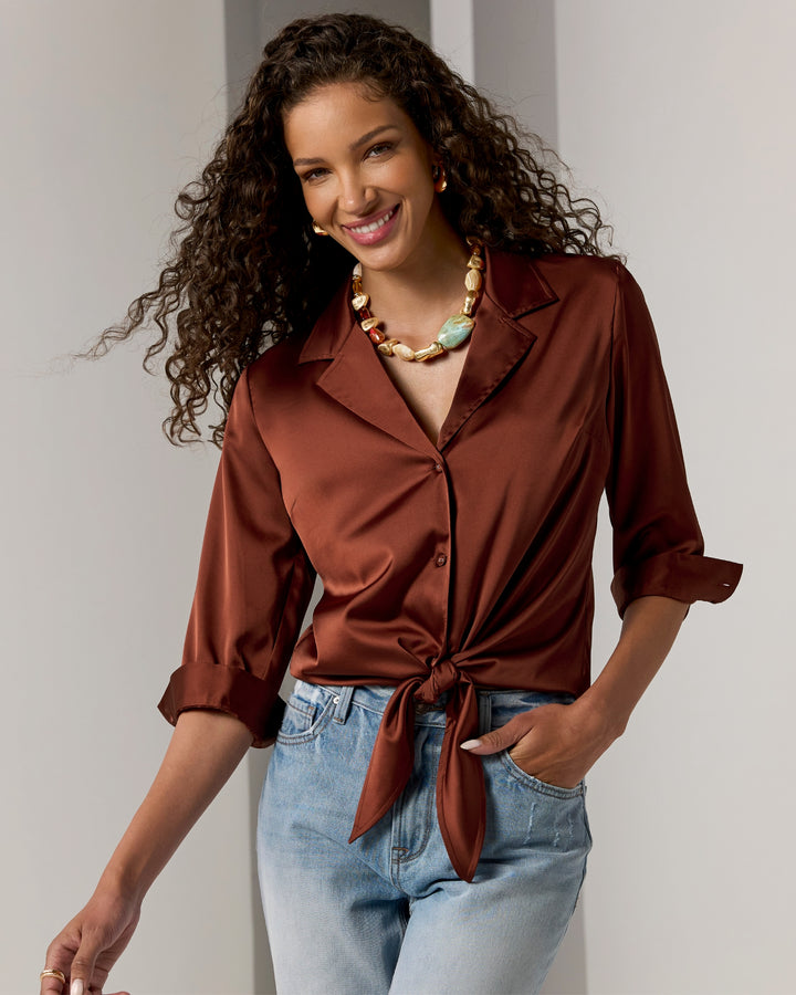 Charmeuse Notched Collar Tie Front Shirt Madder Brown