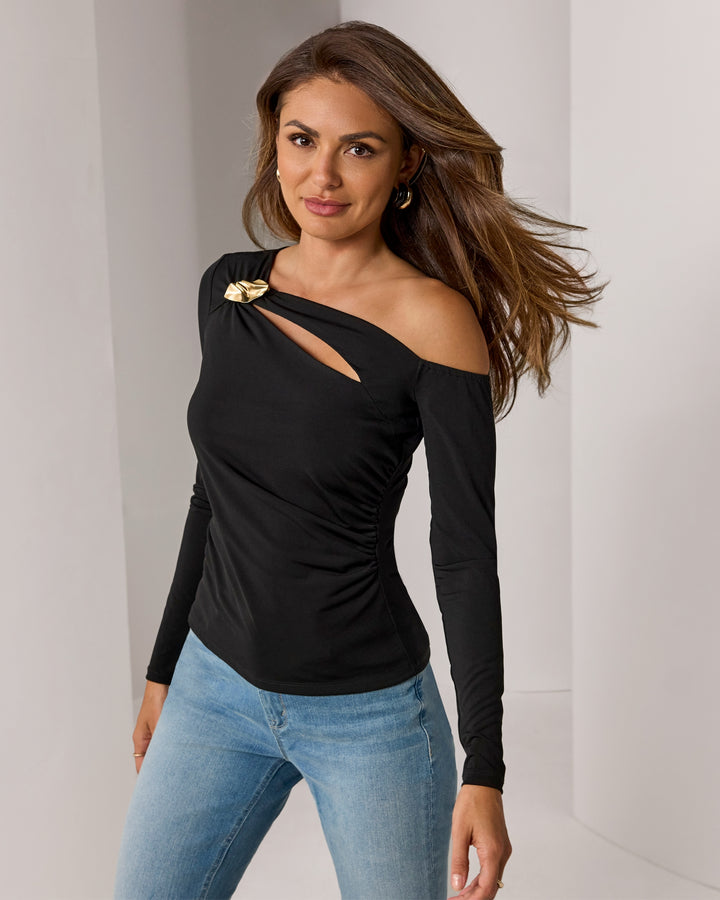 So Chic Cutout Hardware Trim Knit Top Proper Black