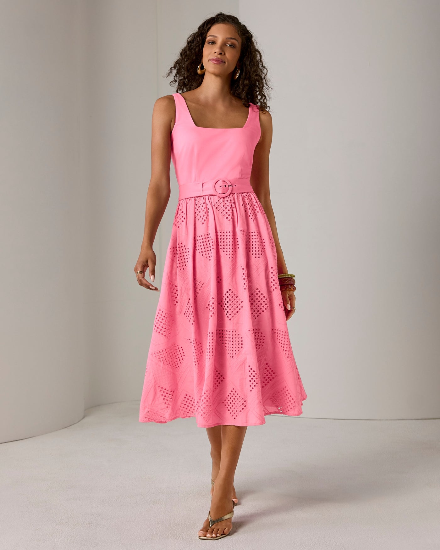 Belted Novelty Eyelet Midi Dress Sachet Pink