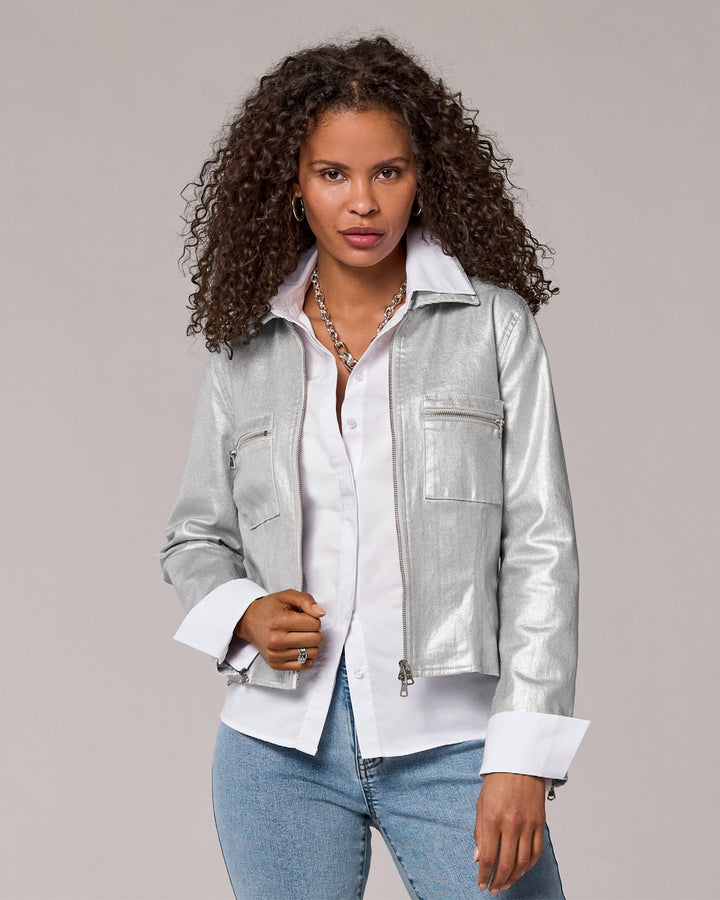 Cropped Zip Front Coated Denim Jacket Silver Metallic