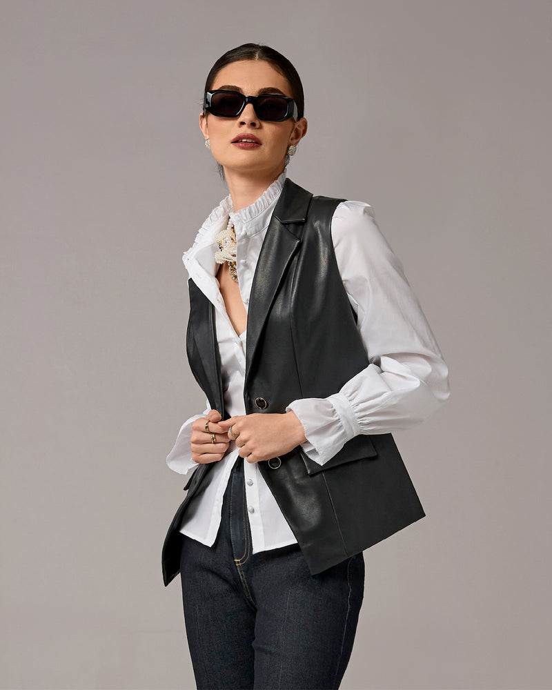 Faux Leather Lapel Vest Proper Black