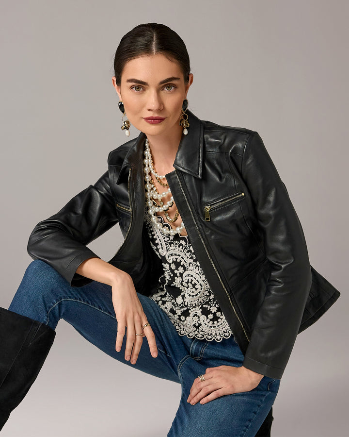 Zip Front Genuine Leather Peplum Jacket Proper Black