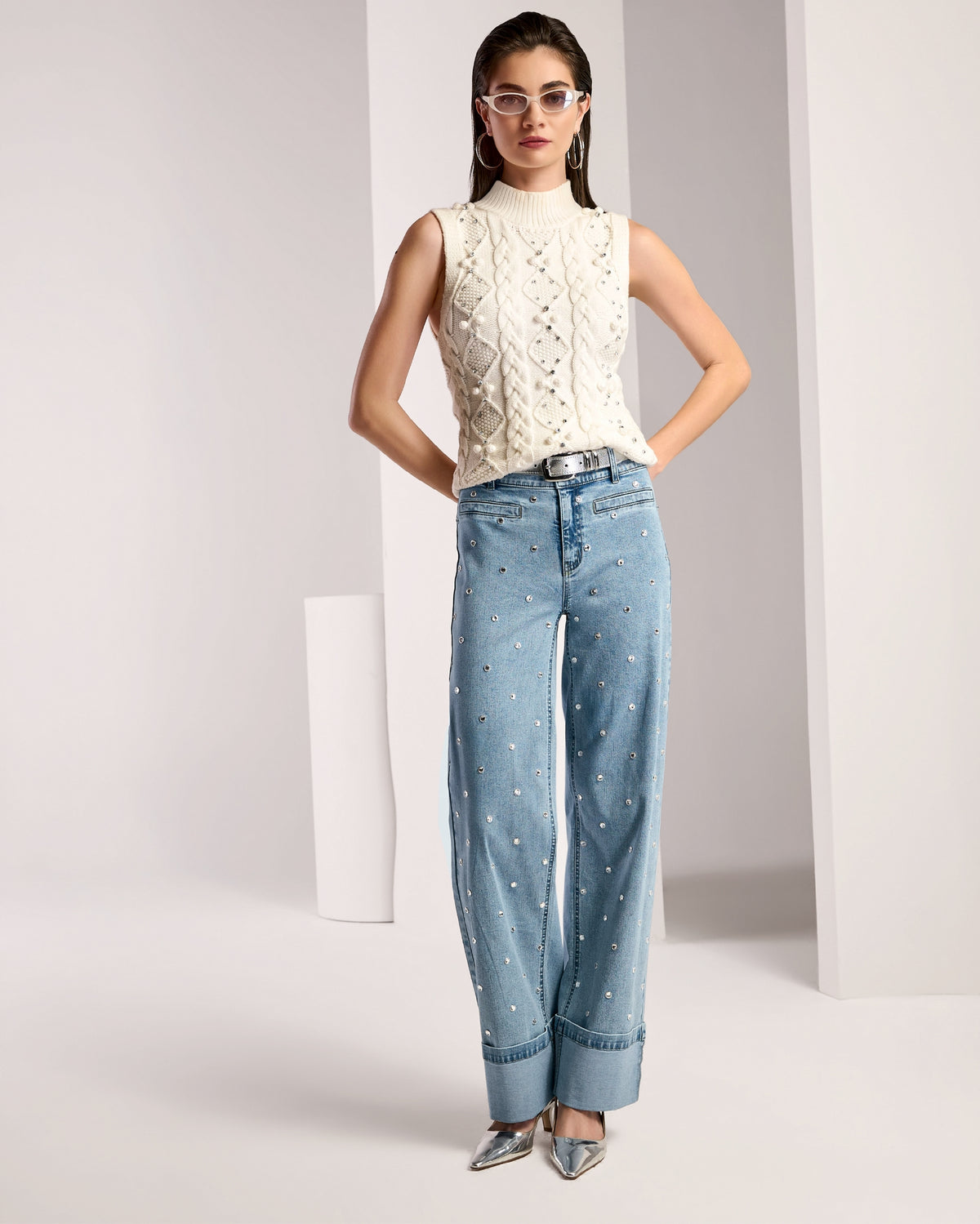 Wide Leg Cuffed Rhinestone Trimmed Jeans Light Wash