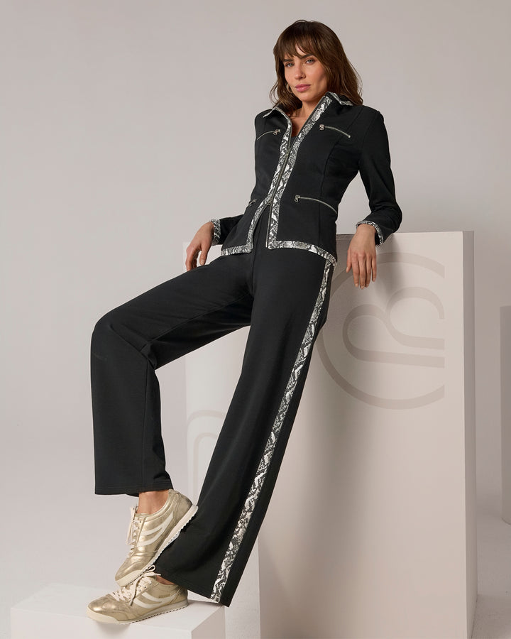 Chic Zippered Sport Coordinate Set with Printed Trim Black