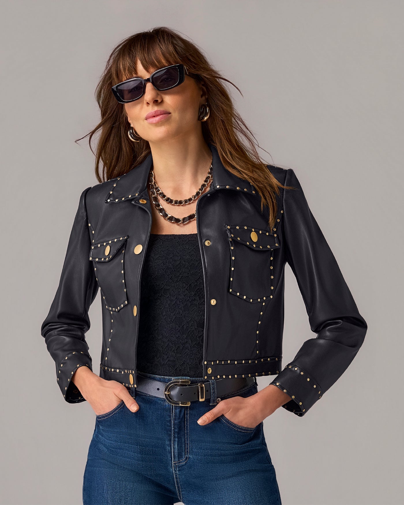 Faux Leather Studded Jacket Black