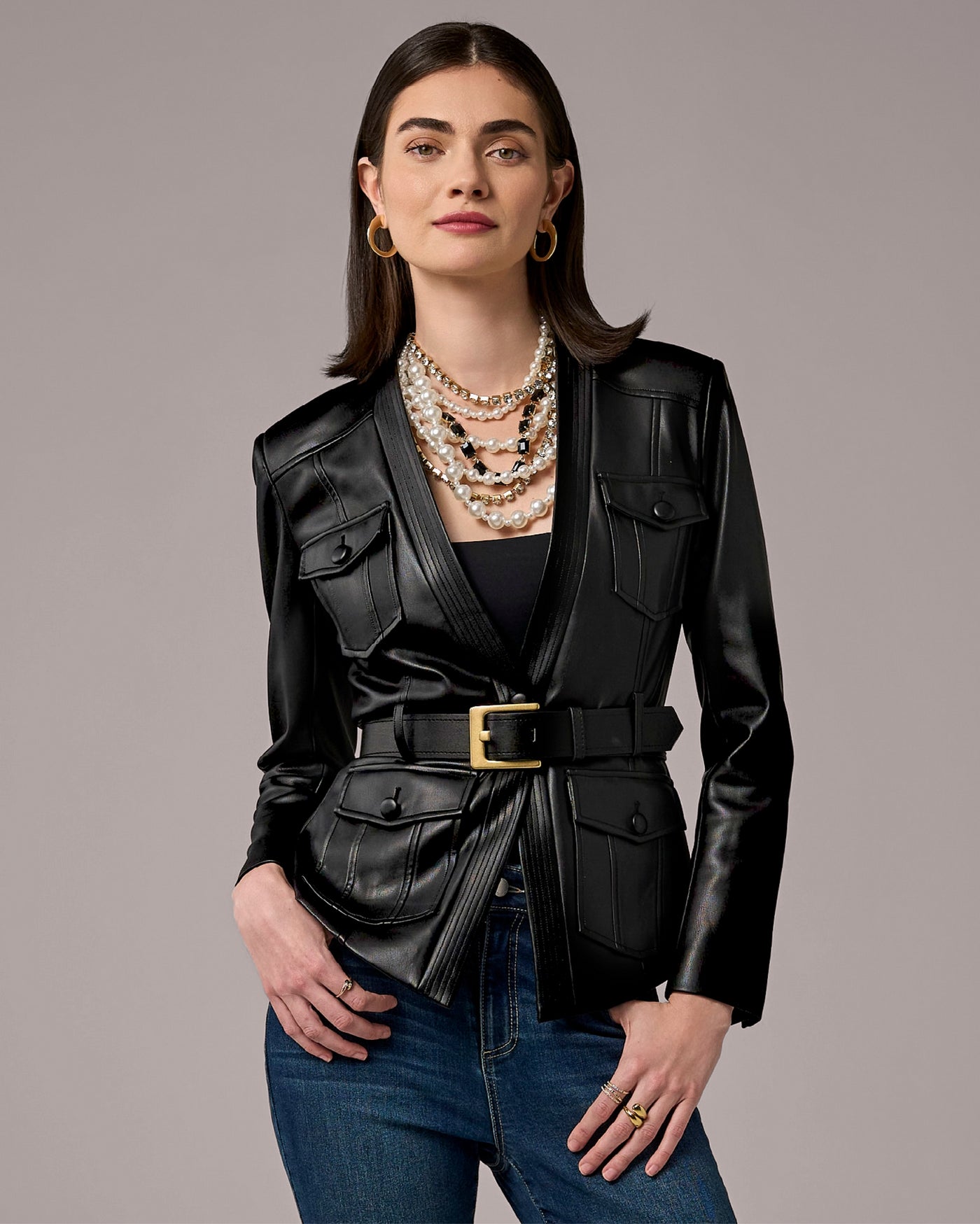 Belted Faux Leather Cut Away Utility Jacket Black