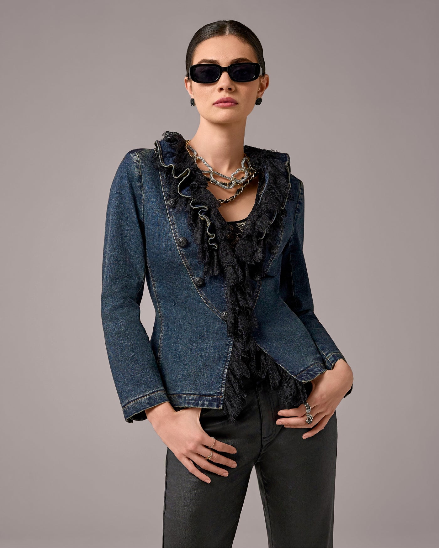 Shaped Denim Jacket with Ruffle Lace Trim Dark/Medium Denim