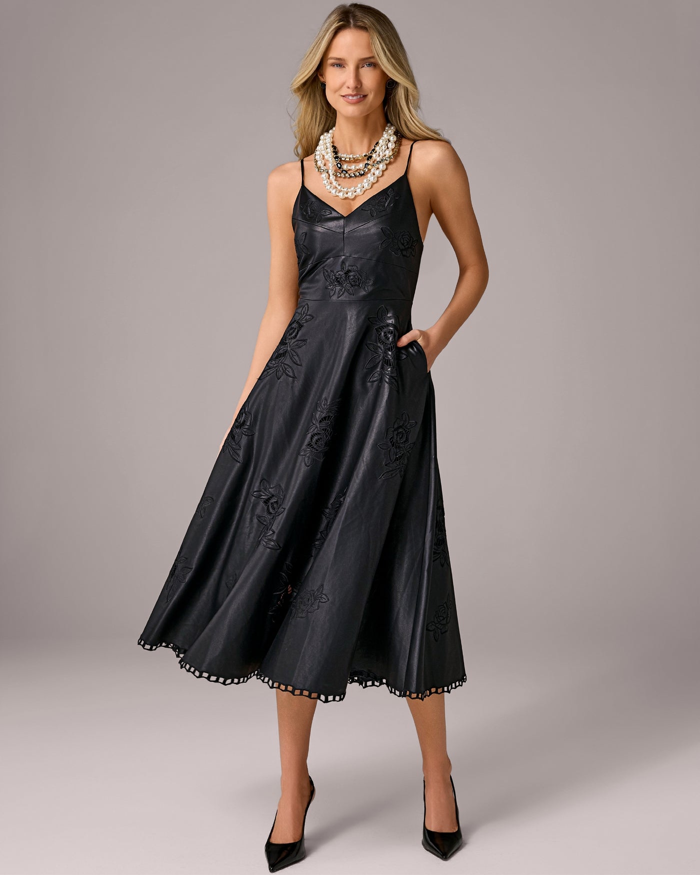 Faux Leather Floral Cut Out Fit and Flare Dress Black