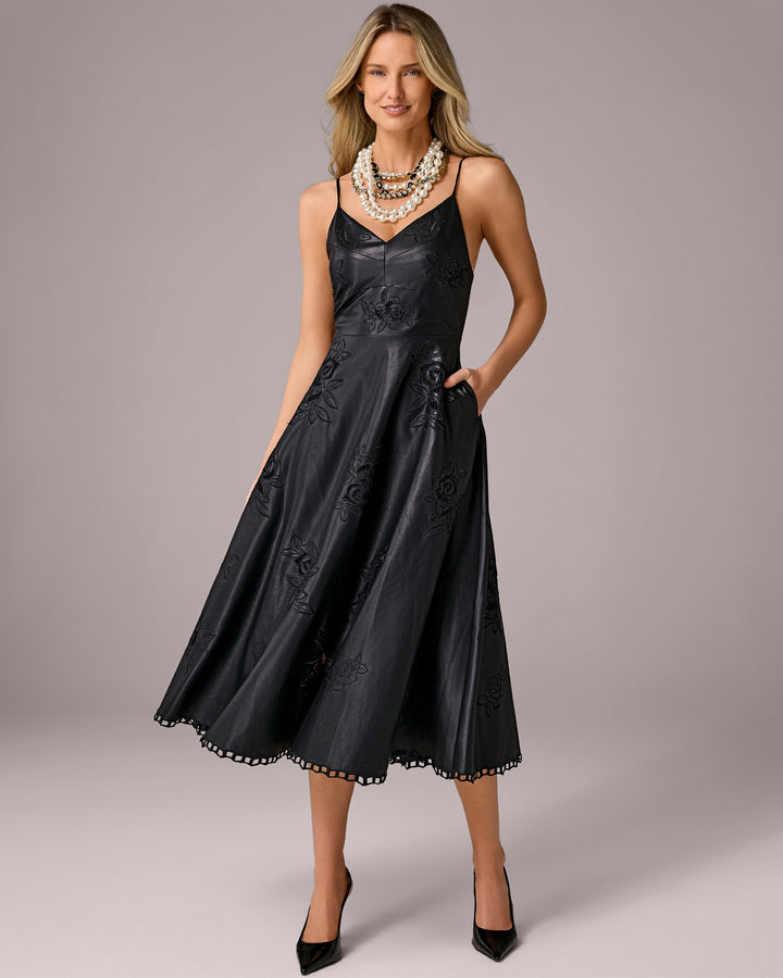 Faux Leather Floral Cut Out Fit and Flare Dress Black