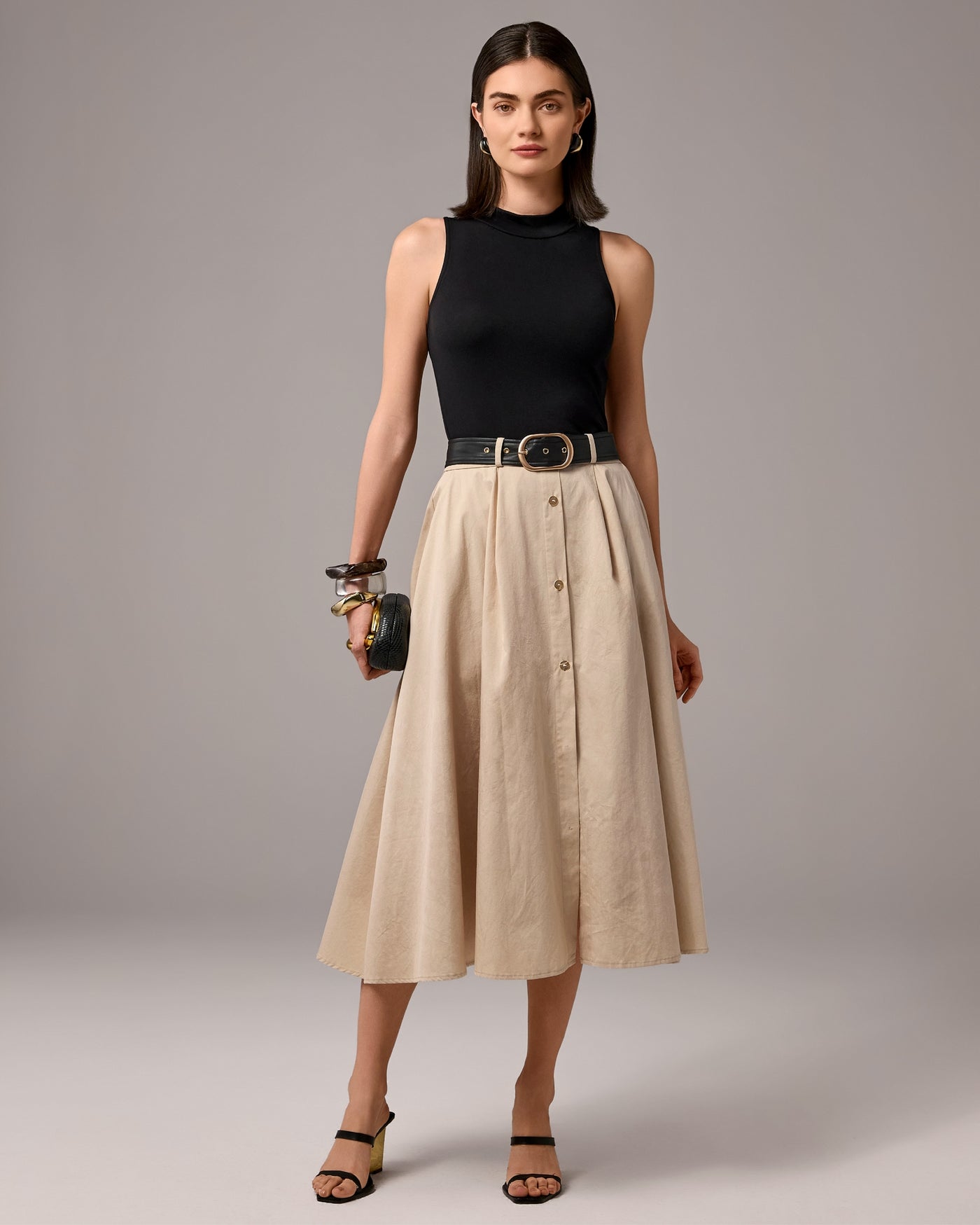 Mixed Media Belted Maxi Dress Black/Cream