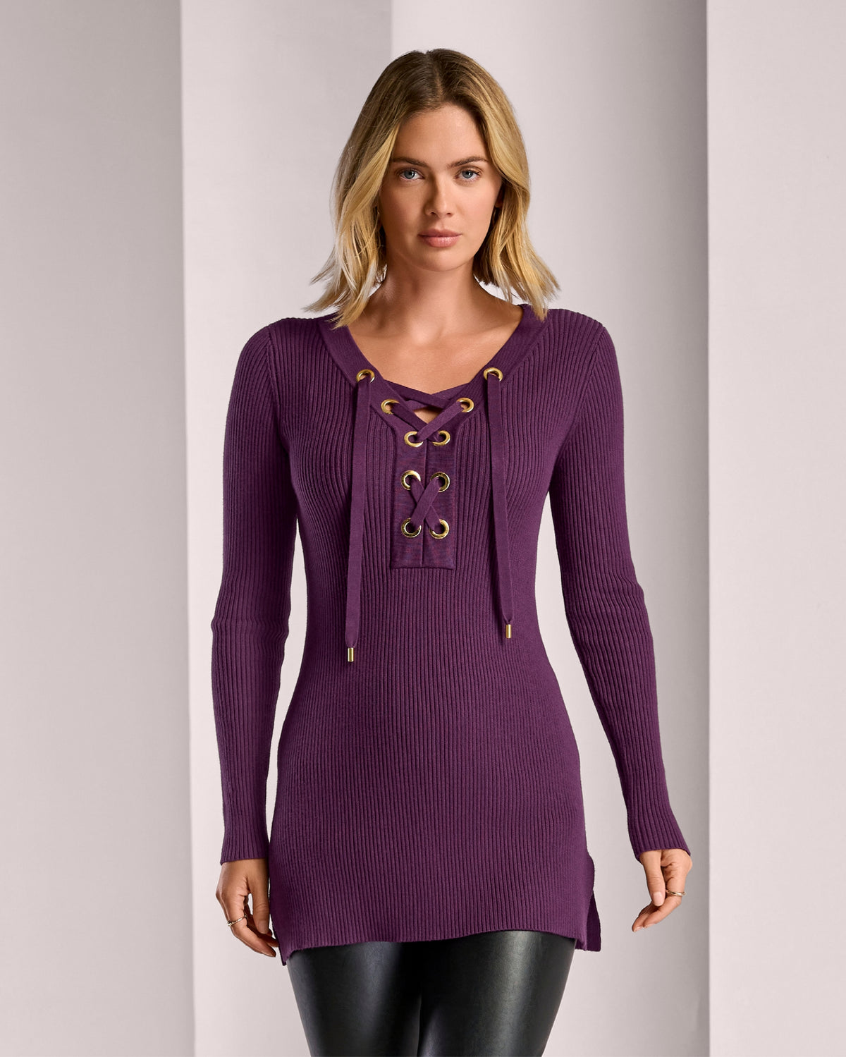 Ribbed Lace Up Sweater Tunic Italian Plum