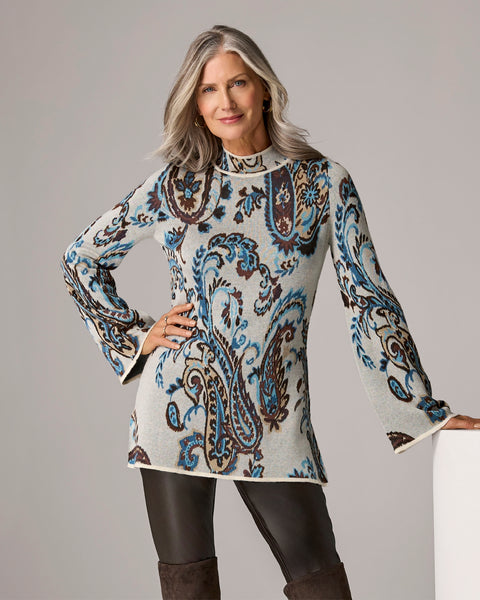 Mock Neck Intarsia Flare Sleeve Tunic - West Side Paisley – Boston