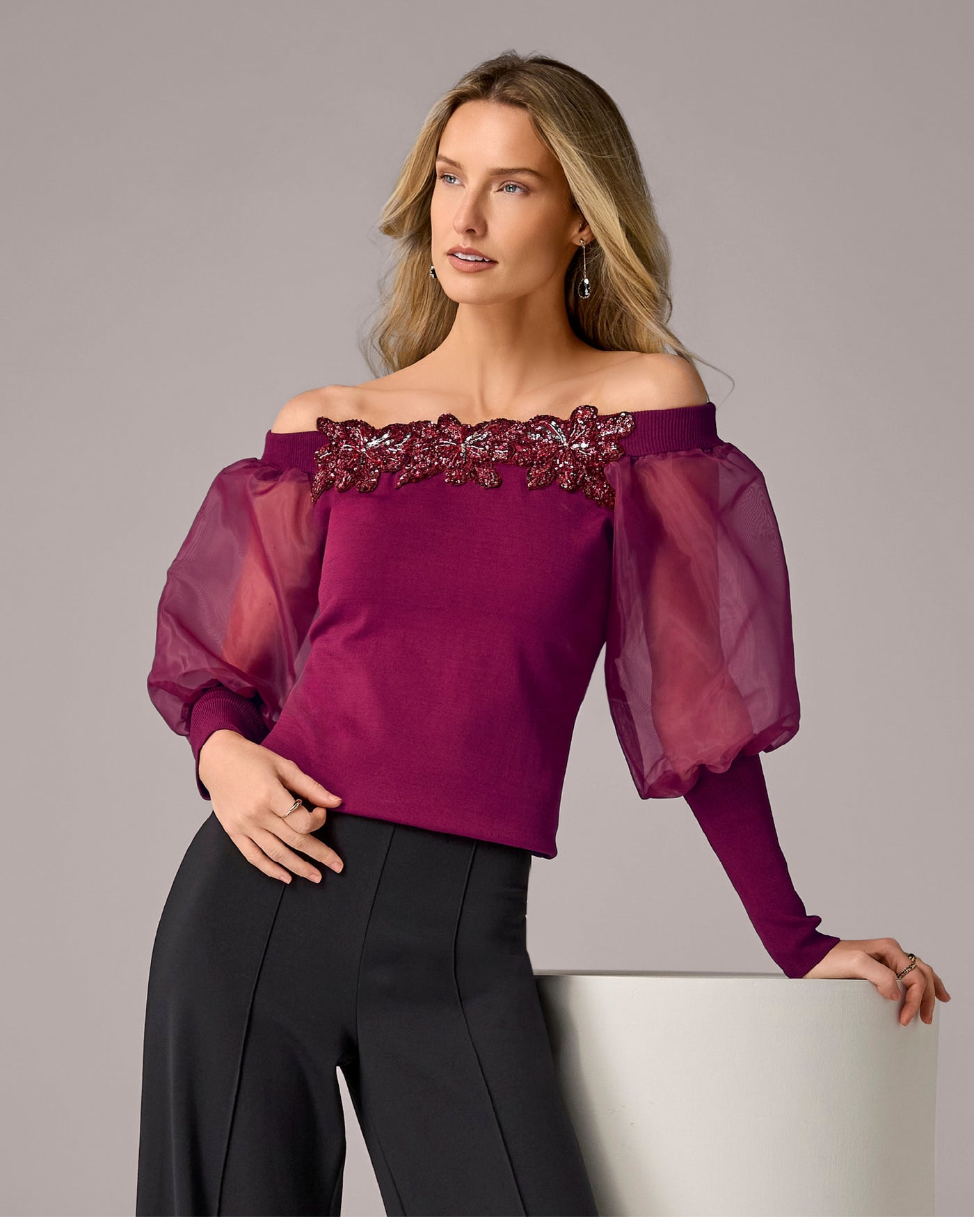 Mixed Media Sweater Top with 3D Flowers Oxblood