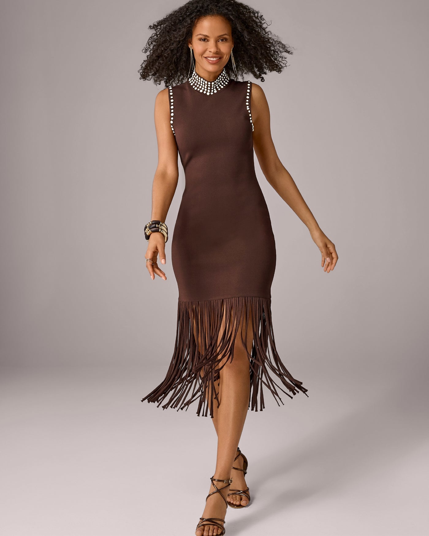Pearl Embellished Fringe Dress Brown
