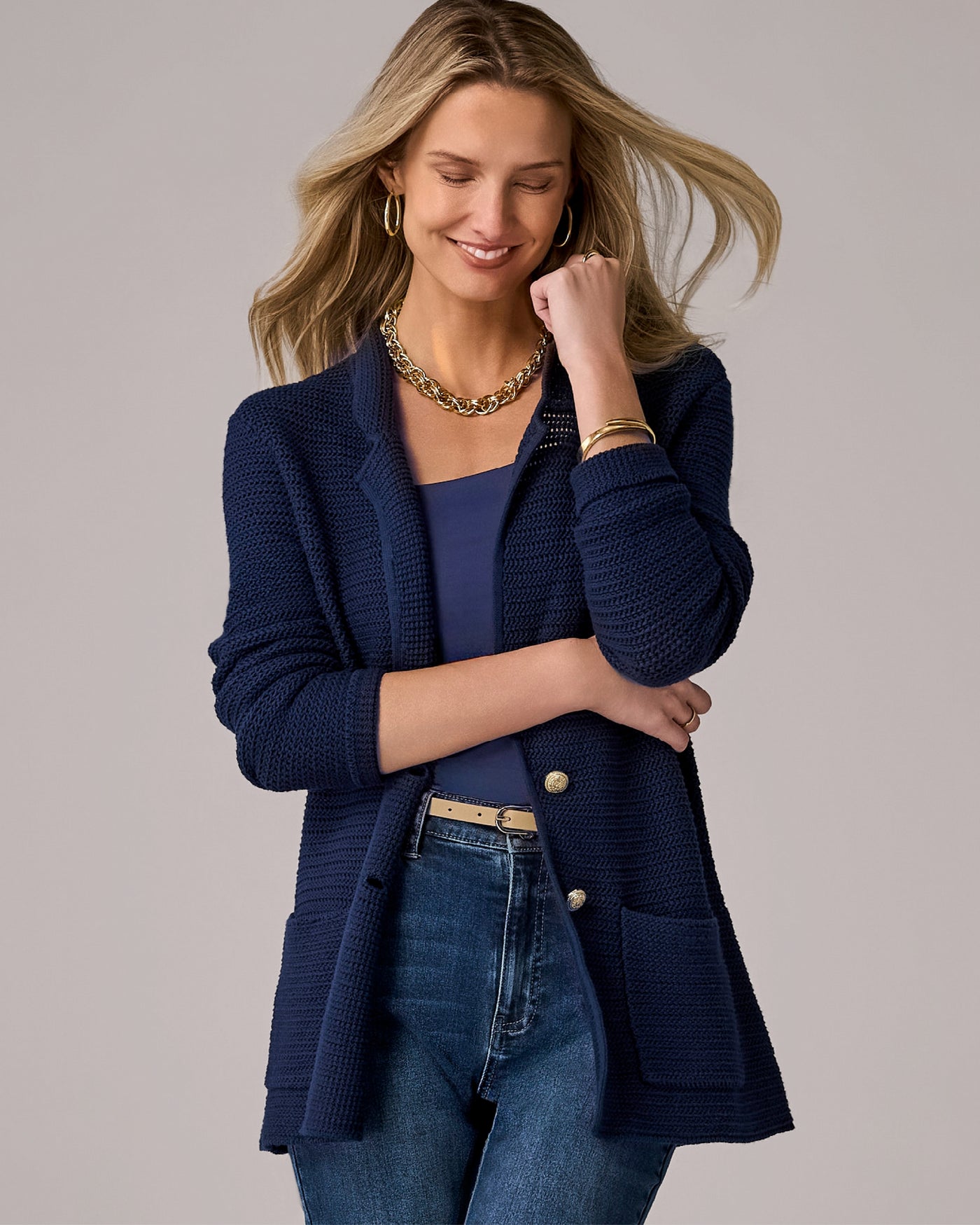 Textured Button Front Sweater Blazer Navy