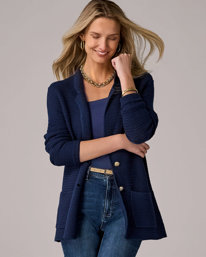 Textured Button Front Sweater Blazer Navy