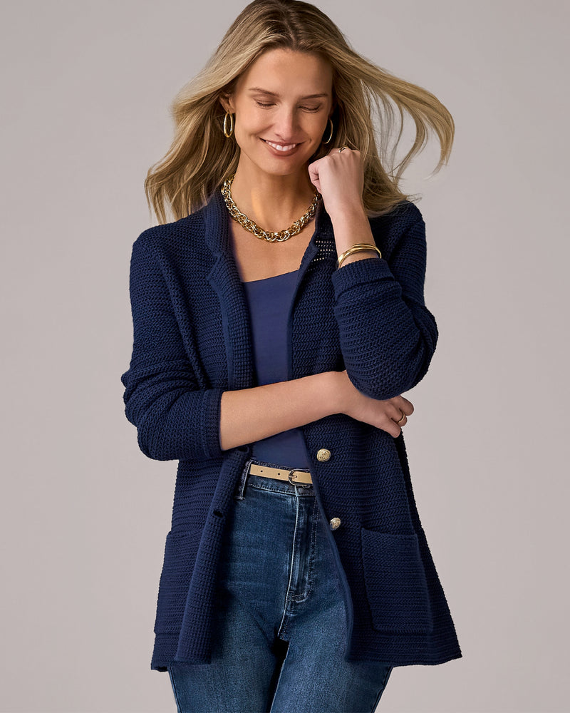 Textured Button Front Sweater Blazer Navy