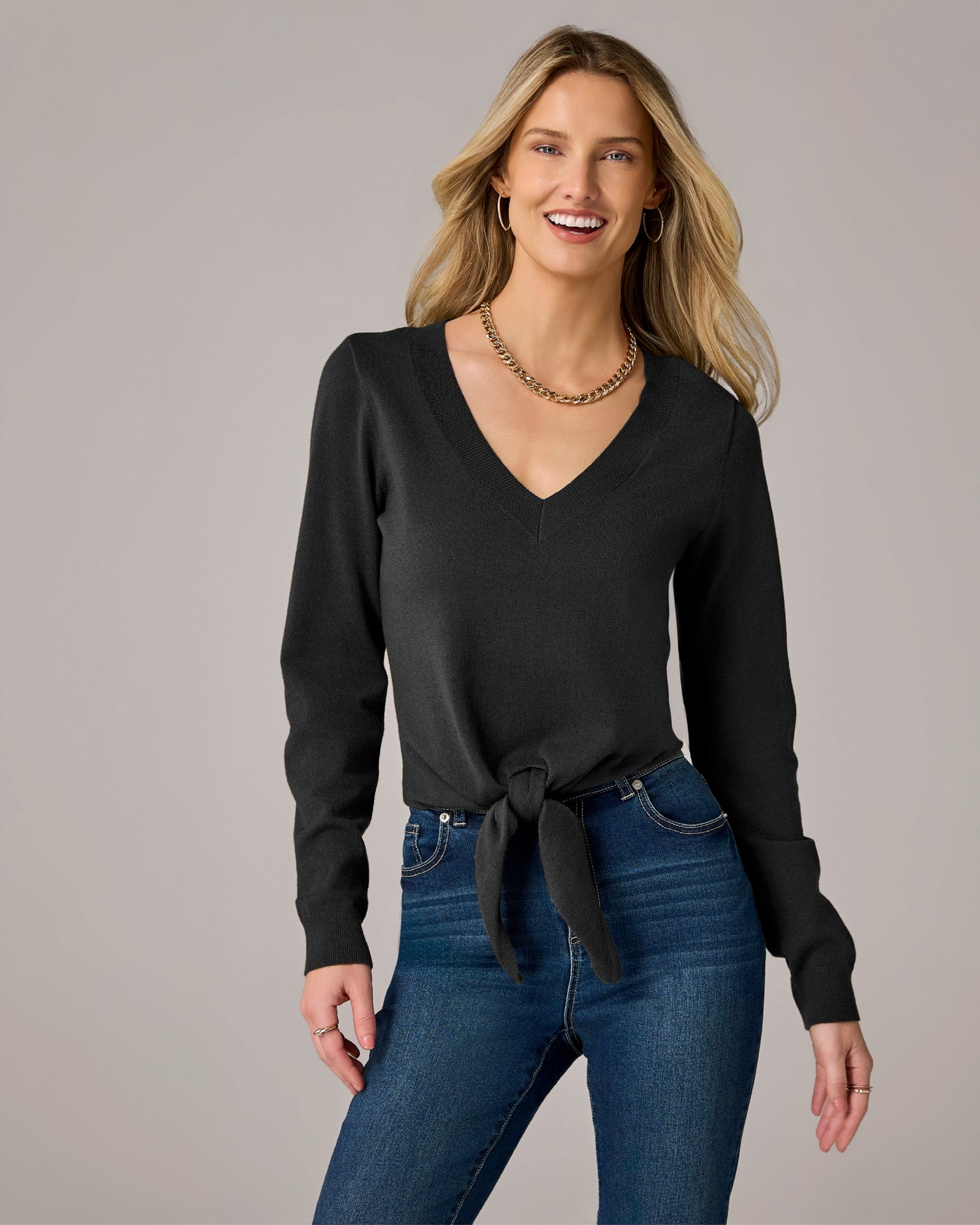 Lightweight V Neck Knot Front Sweater Proper Black