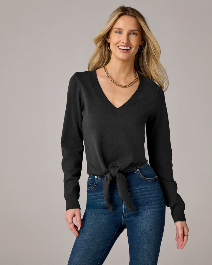 Lightweight V Neck Knot Front Sweater Proper Black