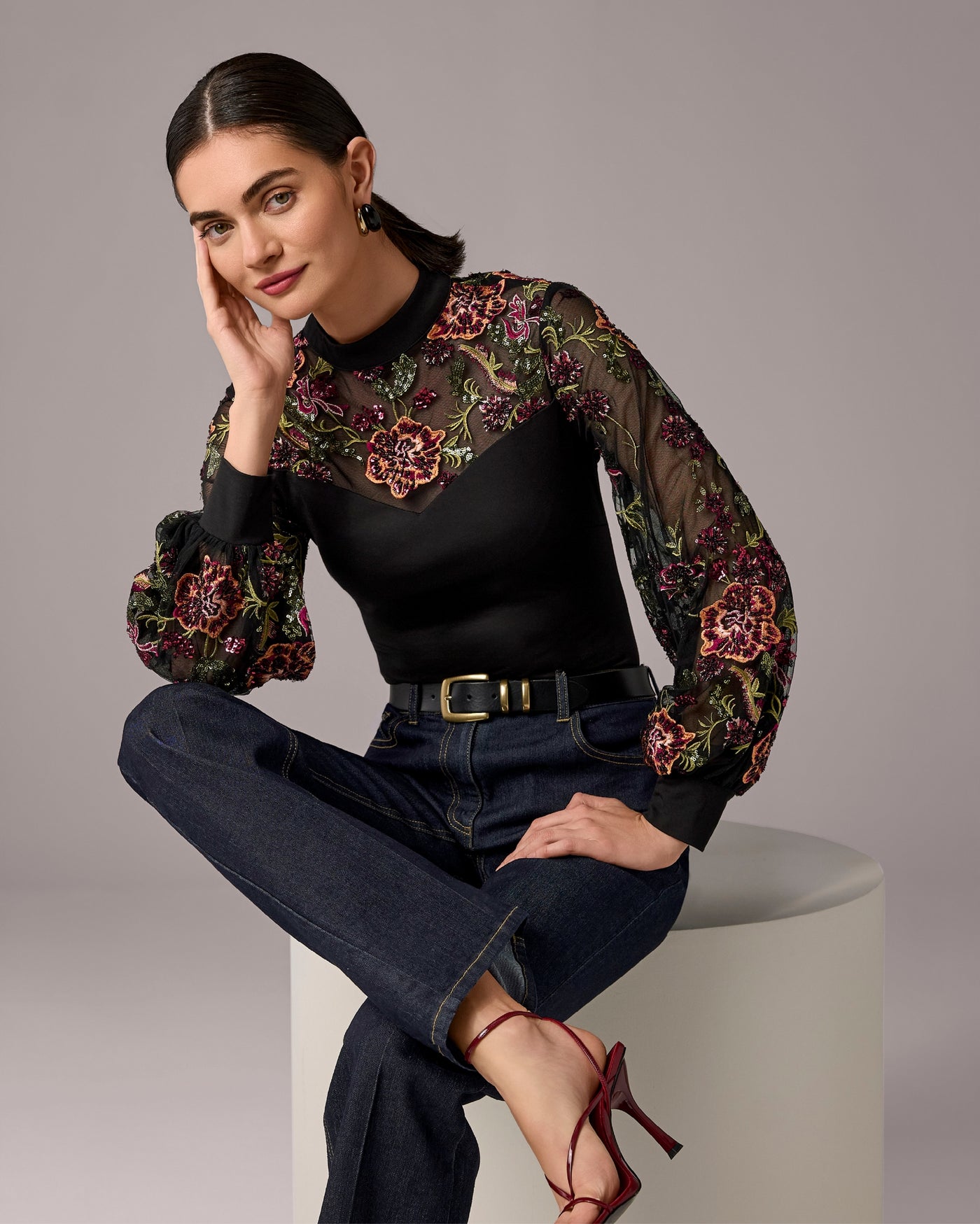 Embroidered Mock Neck Long Sleeve Top Proper Black