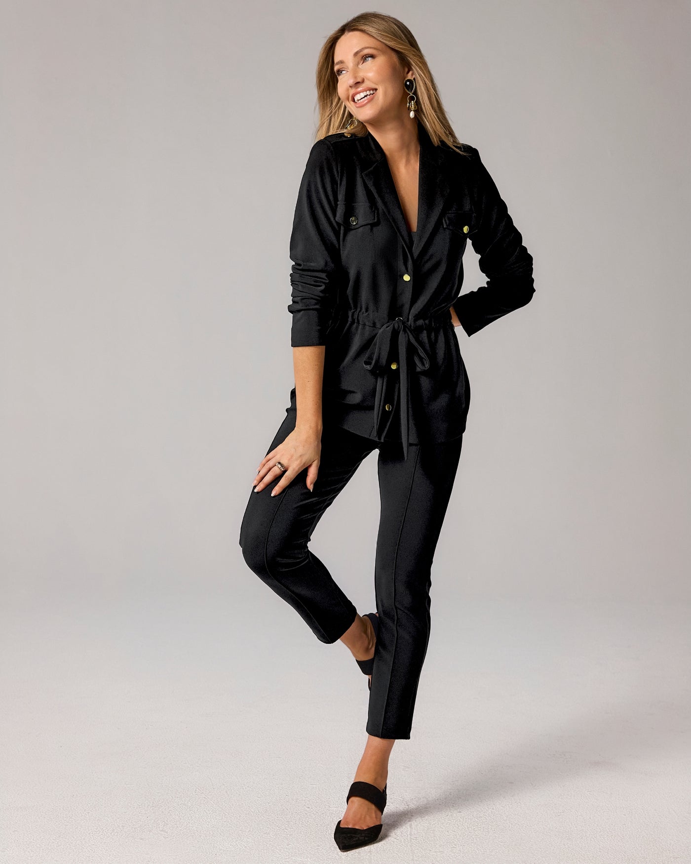 Beyond Travel Belted Utility Jacket and Pintuck Pant Set Jet Black