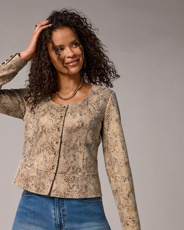 Snake Faux Suede Tiger Eye Button Front Scoop-neck Jacket Neutral multi
