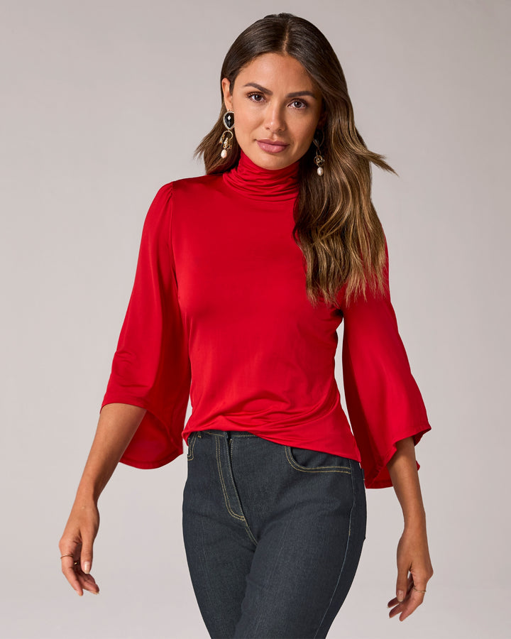 Ruched Flare Sleeve Turtle Neck Tomato Red