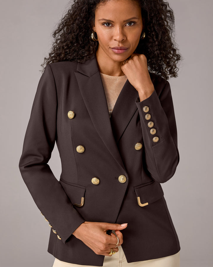 Hardware Trimmed Double Breasted Modern Blazer Chocolate Torte