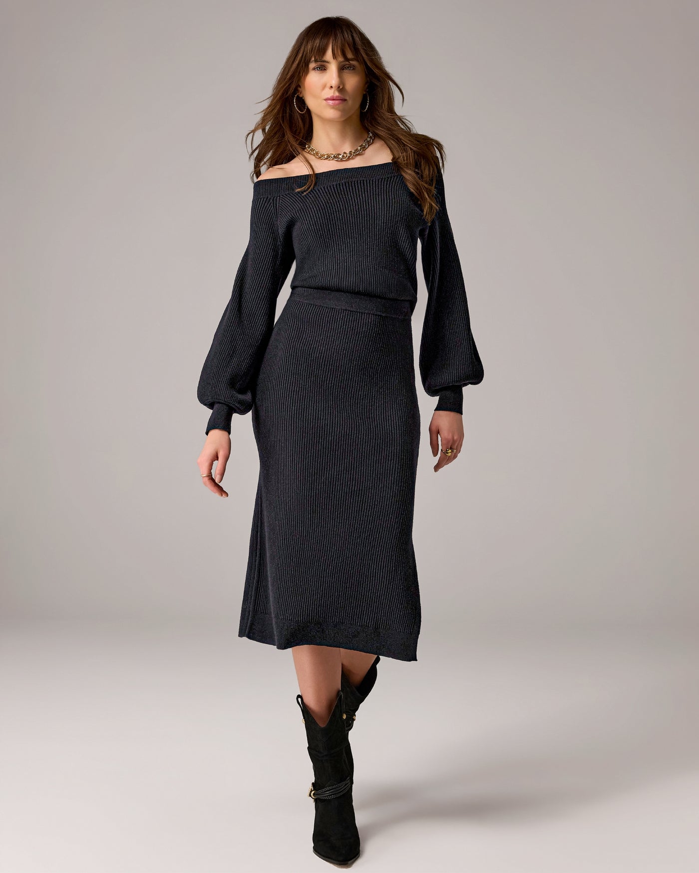 Slouchy Rib Sweater Midi Dress Black