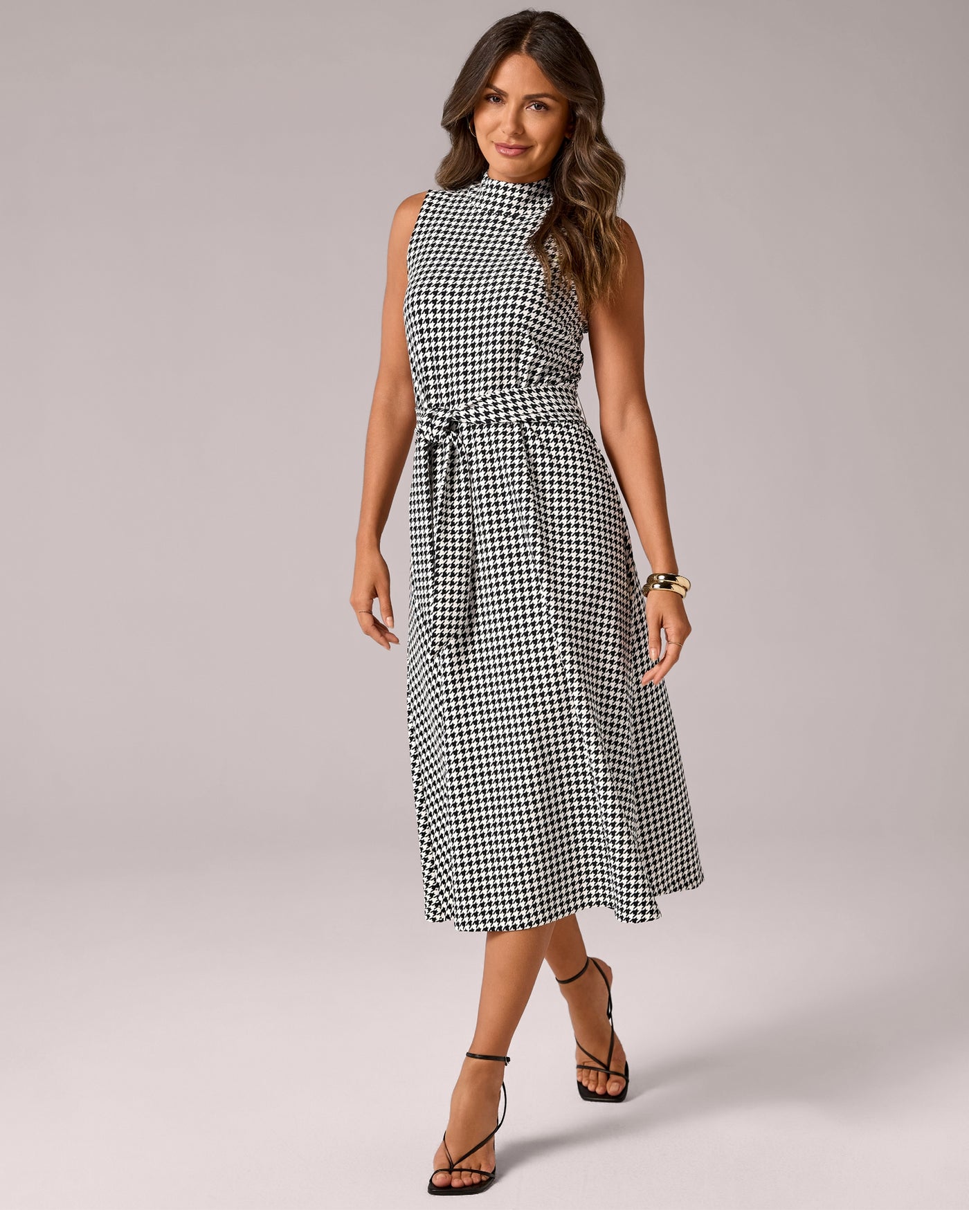 Beyond Travel Houndstooth Mock Neck Midi Dress Fashion Houndstooth