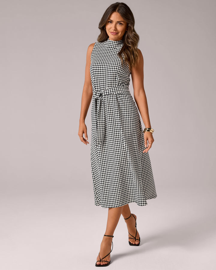 Beyond Travel Houndstooth Mock Neck Midi Dress Fashion Houndstooth