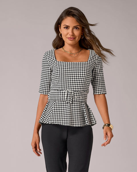 Beyond Travel houndstooth Belted Peplum Top - Fashion Houndstooth