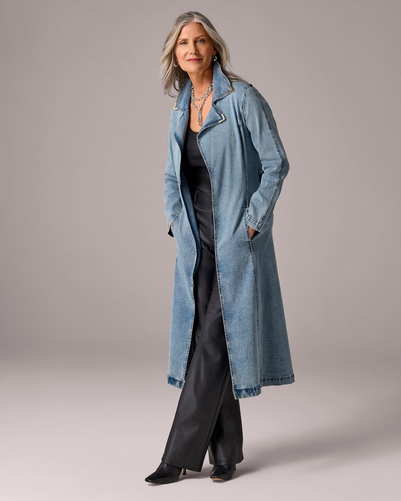Denim Trench with Gold Tipping Medium Wash