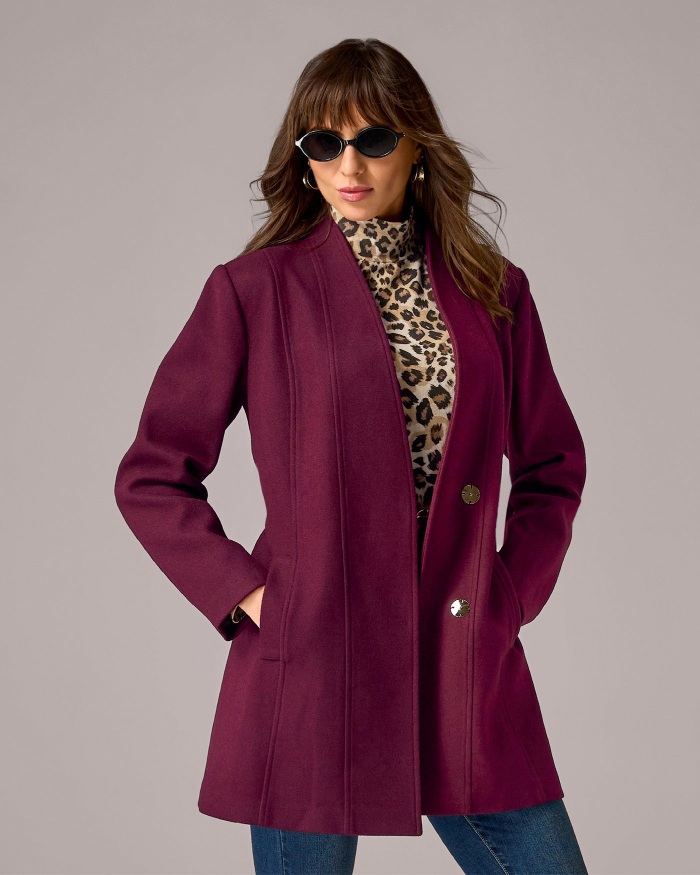 Collarless Self Tie Coat Wine