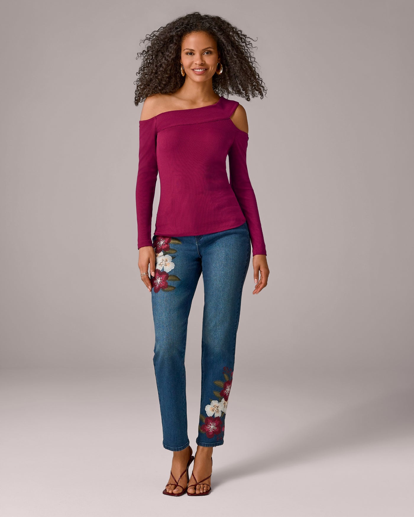 Floral Embroidered Slim Straight Leg Jean Medium Wash