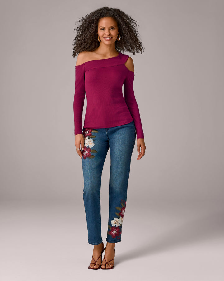 Floral Embroidered Slim Straight Leg Jean Medium Wash