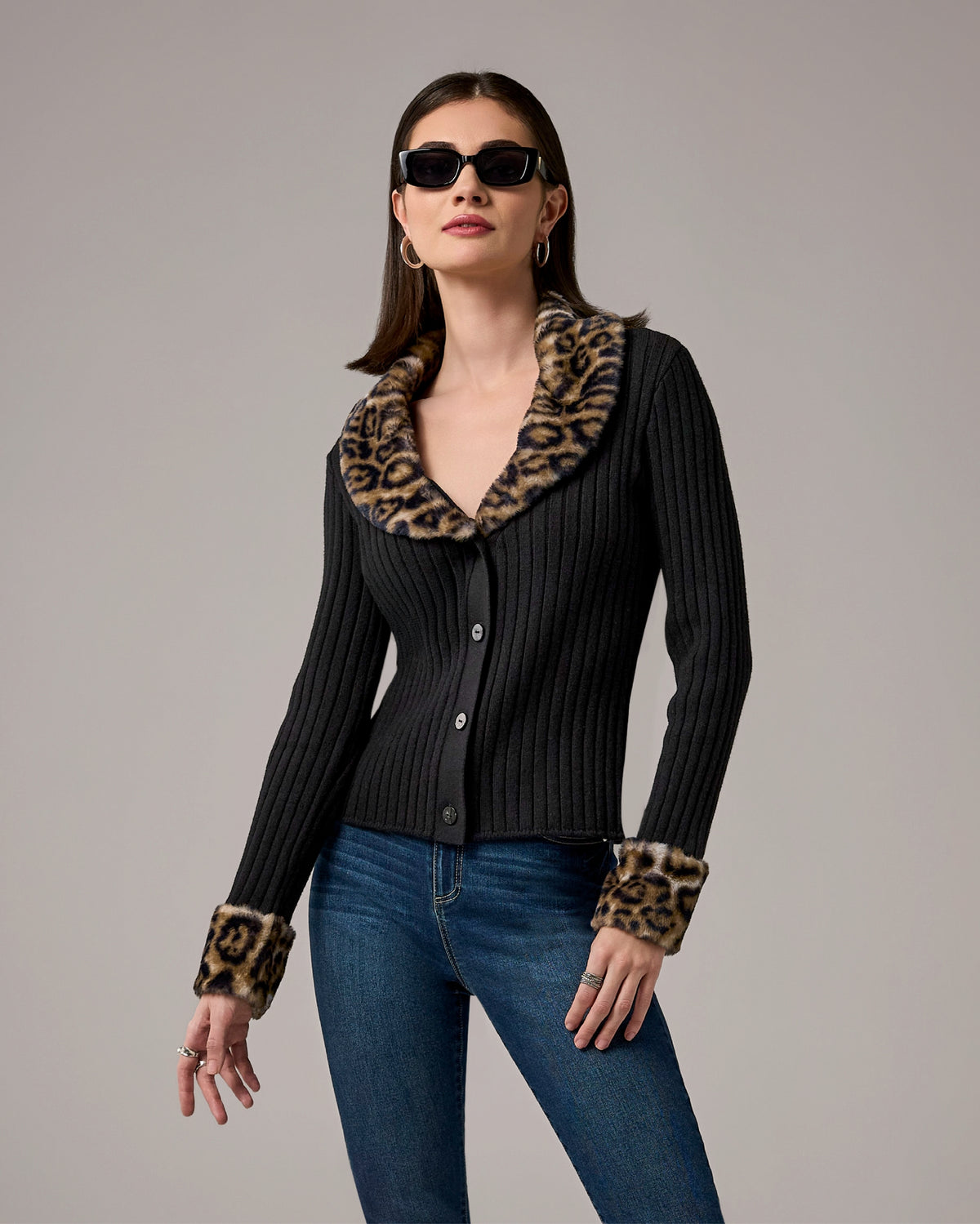 Button Front Faux Fur Trimmed  Cardigan Black/Leopard
