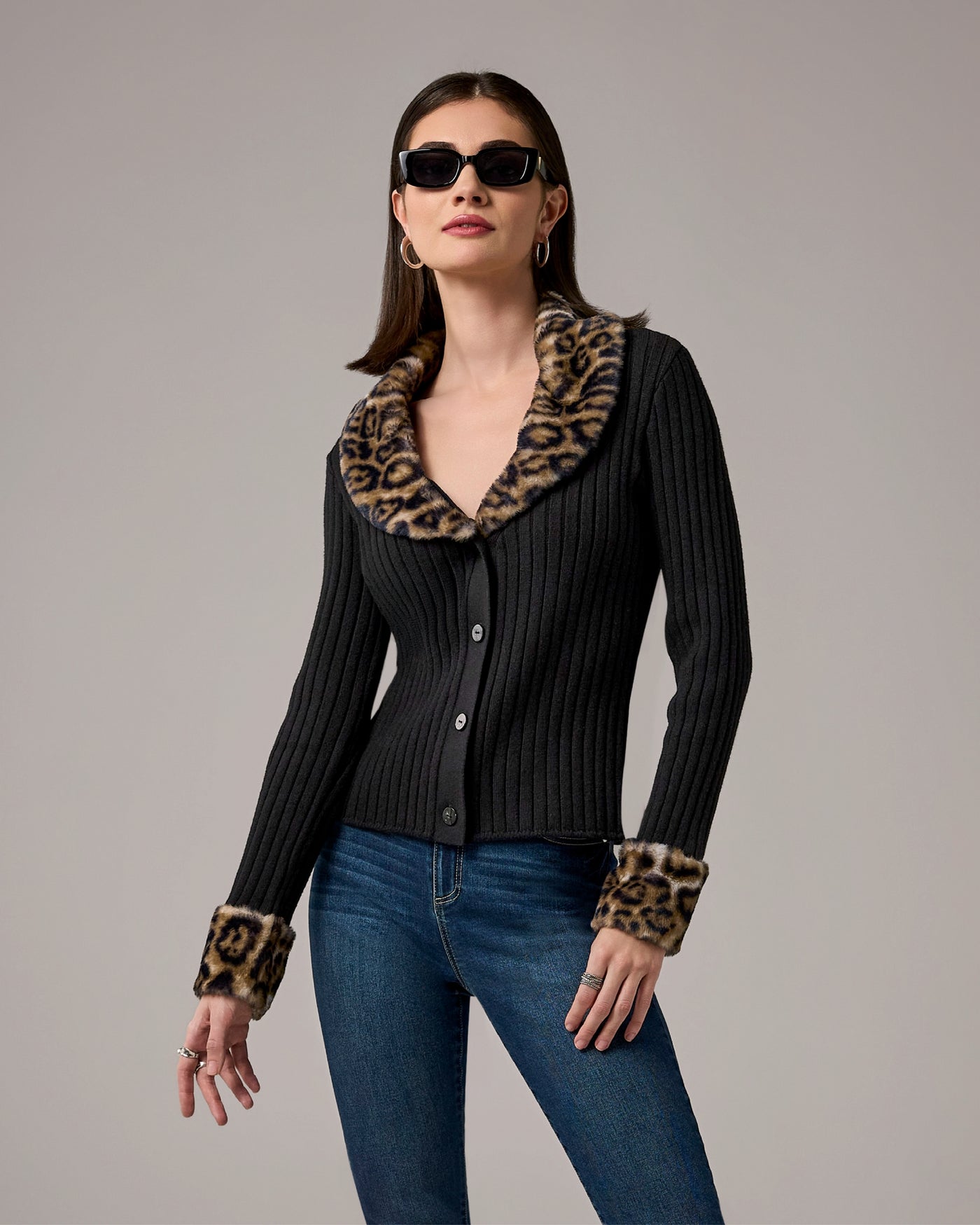 Button Front Faux Fur Trimmed  Cardigan Black/Leopard