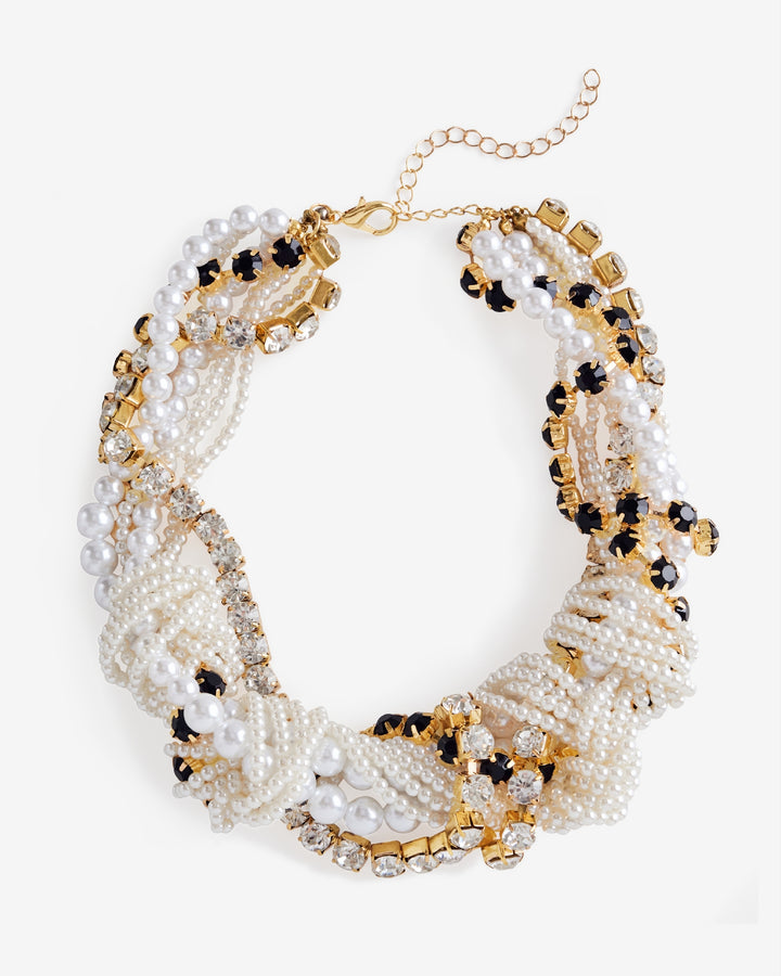 Knotted Pearl and Black Necklace White/Black