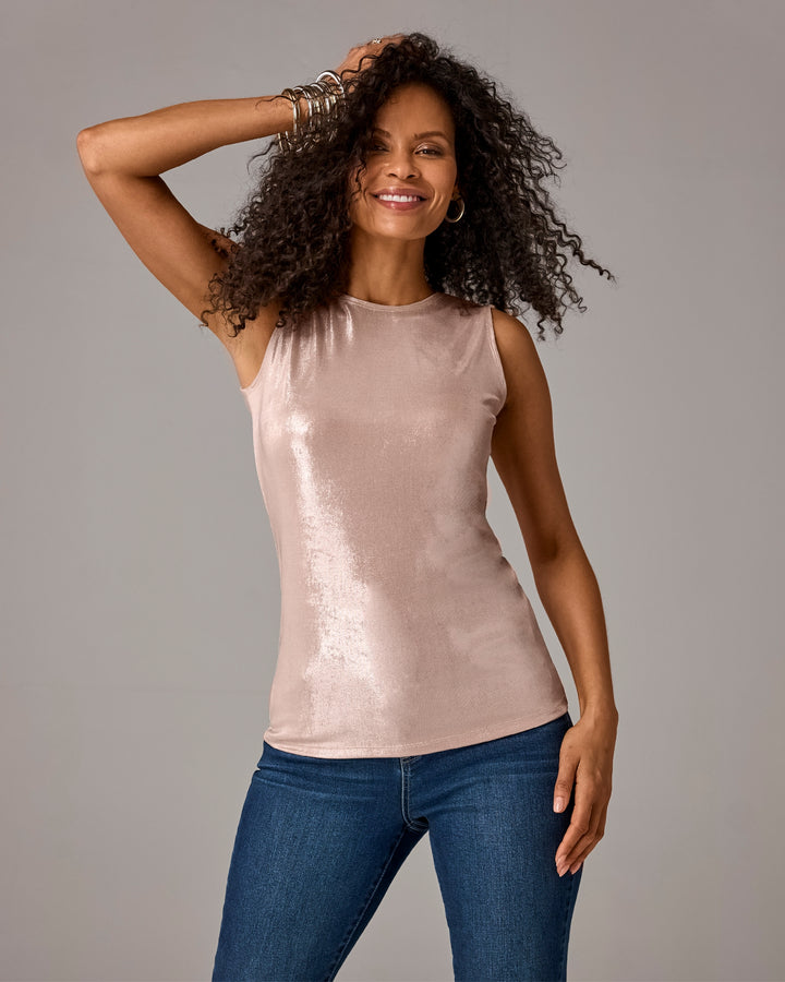 Metallic Slinky High Neck Tank Top Rose