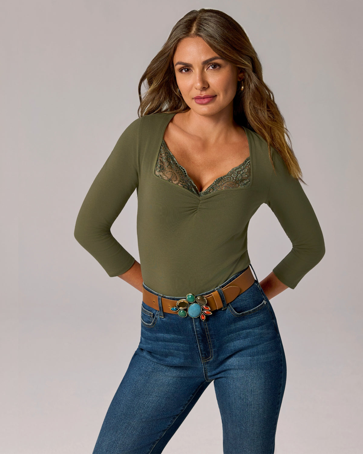Lace Trimmed Knit Three Quarter Sleeve Olive Night