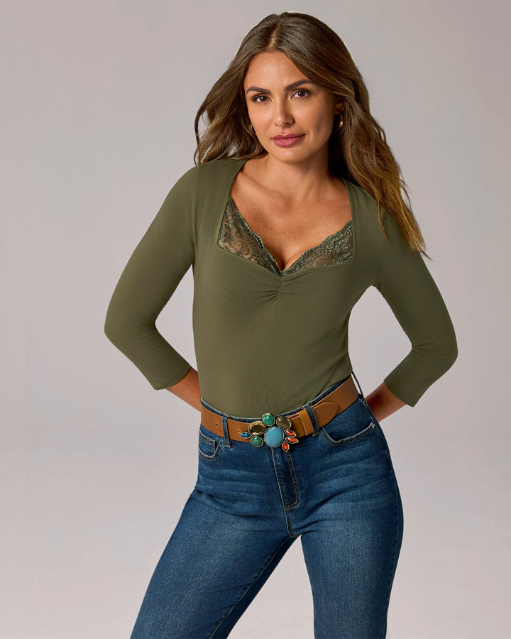 Lace Trimmed Knit Three Quarter Sleeve Olive Night