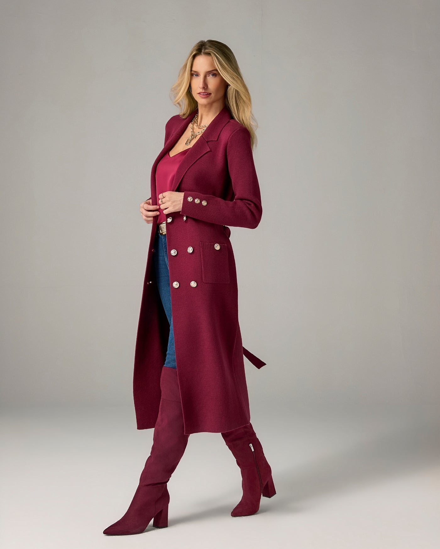 Crest Button Double Breasted Sweater Duster Port