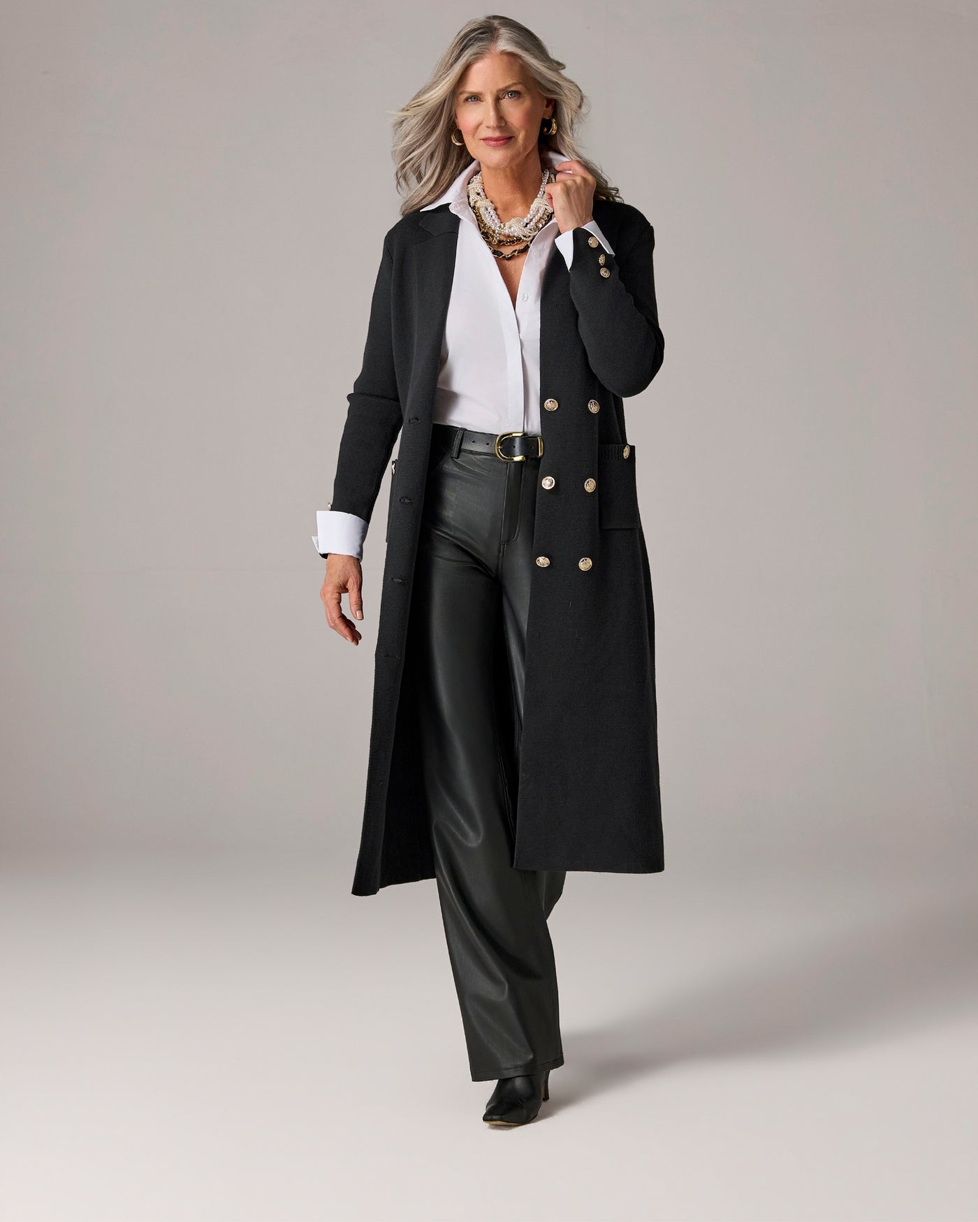 Crest Button Double Breasted Sweater Duster Proper Black