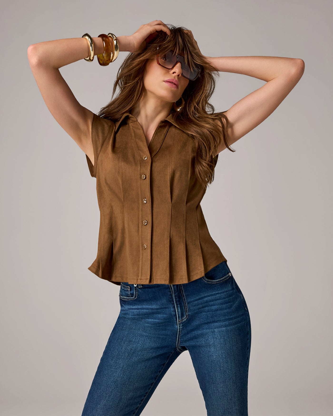 Faux Suede Corset Shirt Cognac