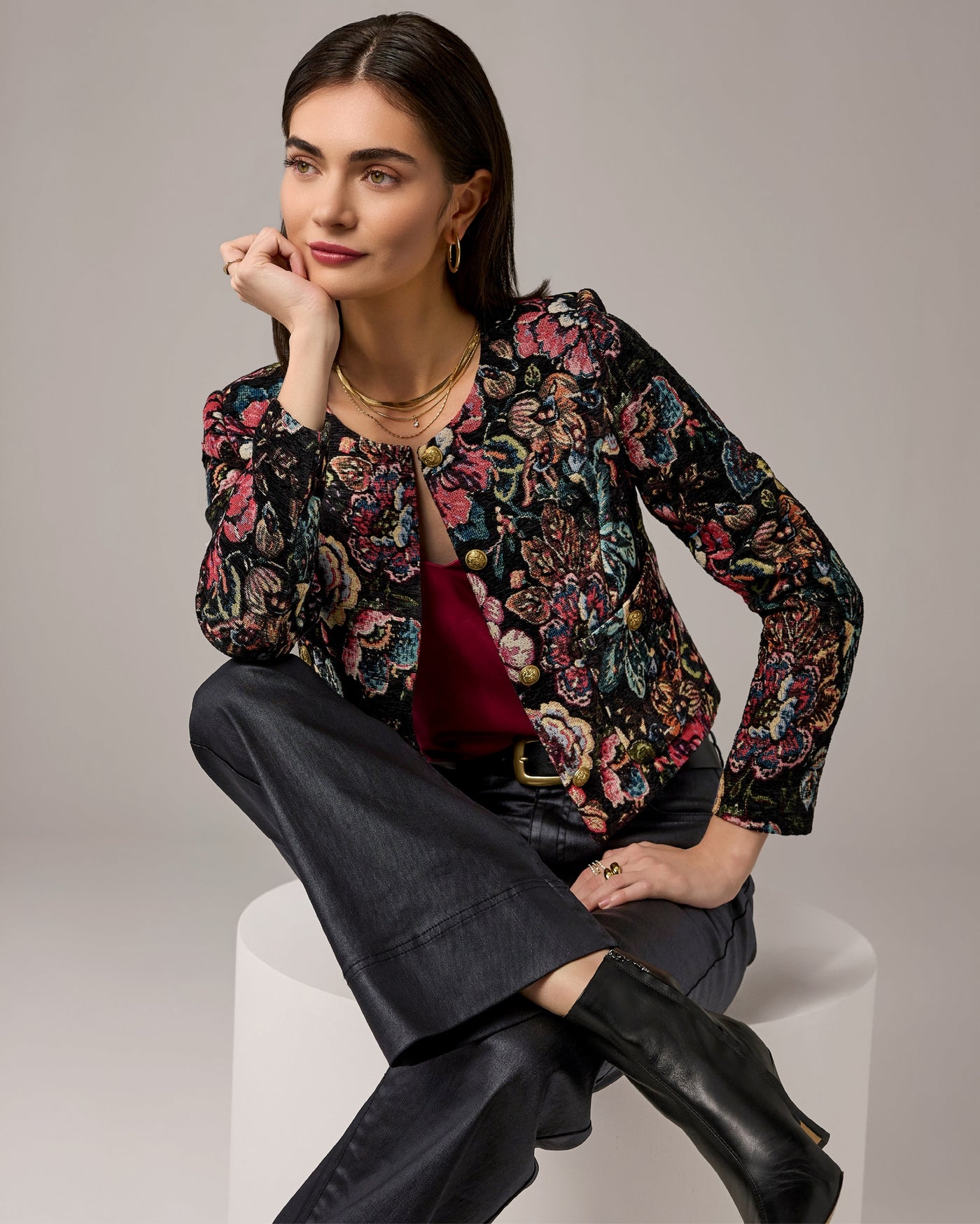 Jacquard Crest Button Lady Jacket Black Multi