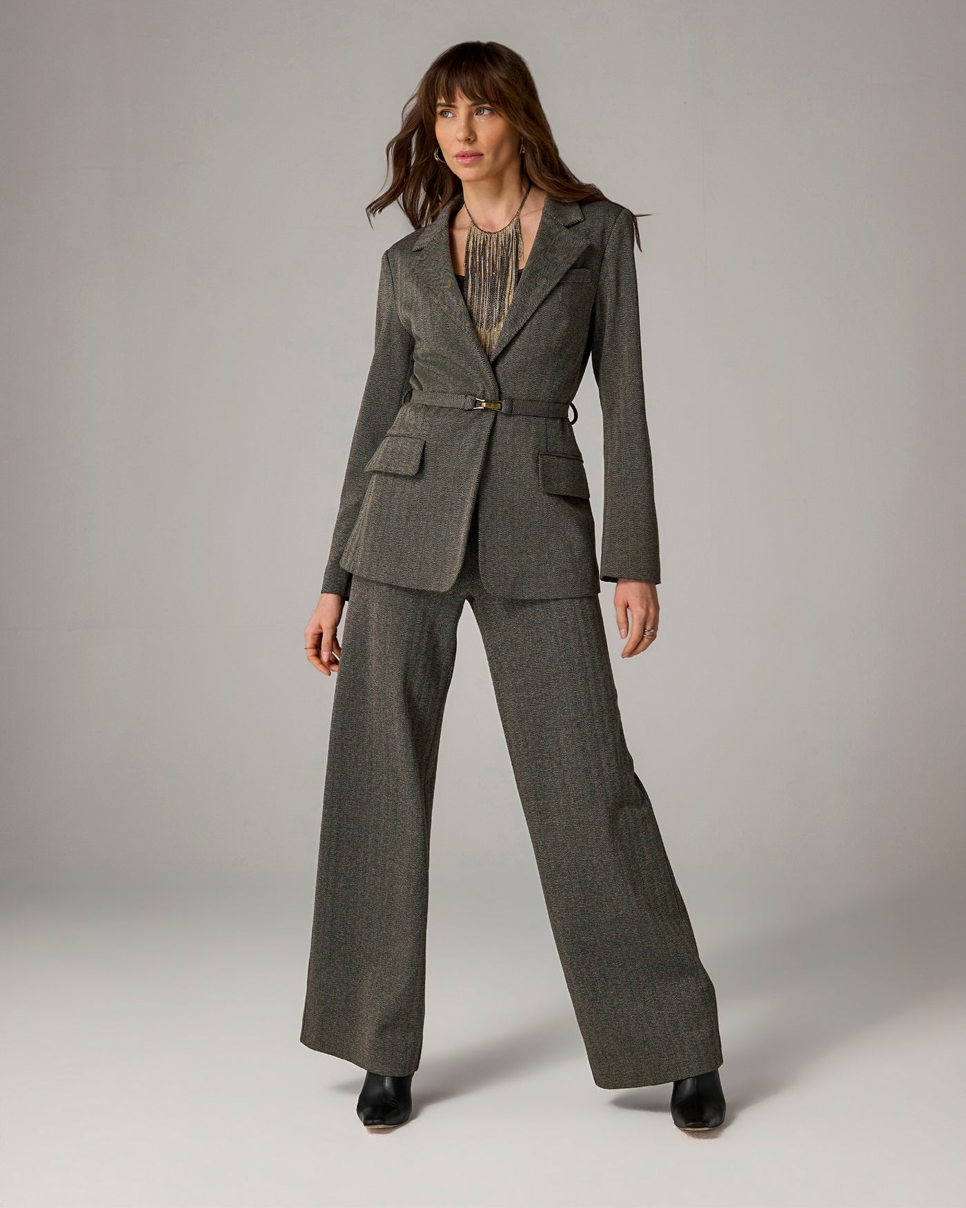 Stretch Jacquard Herringbone Wide Leg Trouser Black Multi